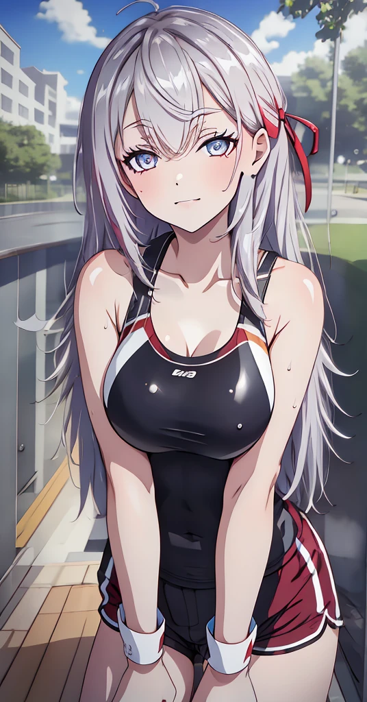 Masterpiece, best quality, highres, highly detailed, 1 girl, long hair, white hair, half - up style hair, red ribbons in right side hair, red eyes, large breast, white tank top, mini shorts, she wet, drenched, nipple perked out from under shirt, wet clothes sticking to her body, bend down, outdoor, public park, looking at viewers, perfect finger shape, the number of fingers is not excessive