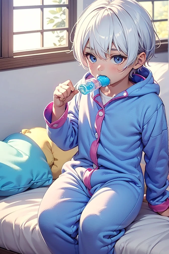 A  boy with white hair in a large nursery, ((suckling a pacifier)), playing with baby to((wearing a onesie)), drooling, ((wearing a diaper)), [[sleeping]], in a crib, ((1boy)), high quality, extremely detailed, highly detailed, masterpiece, soft lighting, warm colors, pastel colors,
