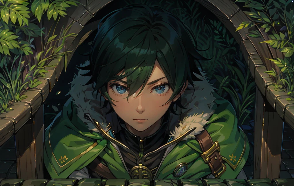 yuichiro hyakuya, (WithoutFear:1), 1 boy, black hair, green eyes, brown coat, gray armor, green shield, green cloak, dark brown gloves, town, white fur trim, tall, anime, standing, good quality, portrait, looking at viewer