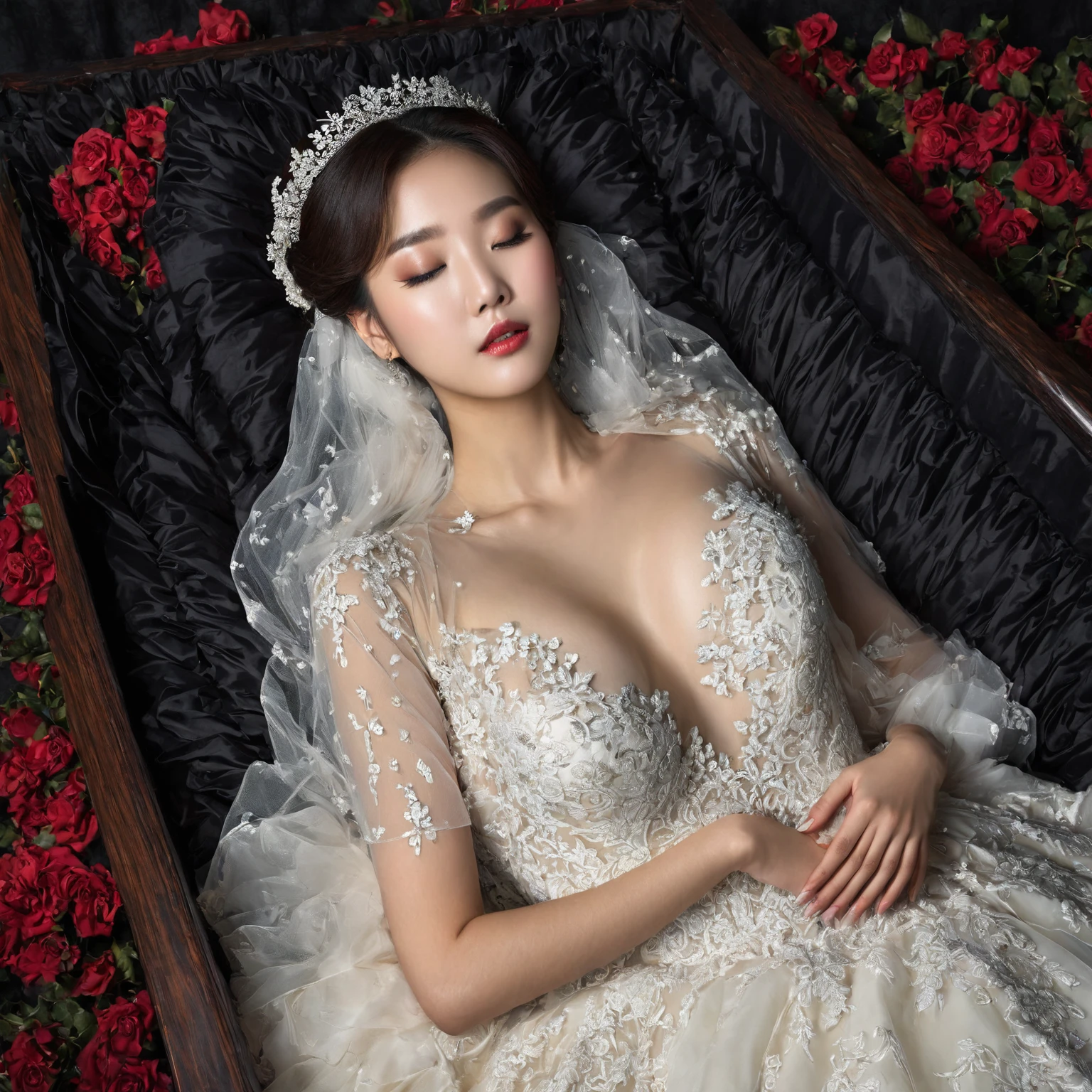 In a striking 8K HDR scene, a stunning Korean woman, 22 years old, lies peacefully in a black coffin surrounded by plush pillows. The deep box is set against a rich black background, accentuating the beauty of the subject. Her exquisite deep-V neckline ba11lgown attire is embroidered with superb detail, see-through wedding dress with flower-shape lace, showcasing her round and firm breasts, perfect cleavage, and beautiful eyebrows. Her closed eyes and mouth give an air of serenity, while her visible and absolute cleavage leave nothing to imagination. The scene is bathed in saturated colors, highlighting every intricate aspect from the ball skirt to her clean face, straight body, detailed hand perfect hands, straight body, own hands together, own hand on stomach, detailed hands, perfect hands.