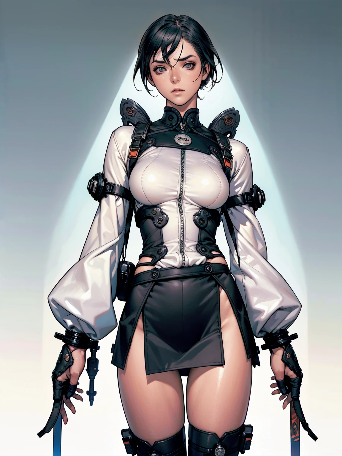 (((Annie Lennox))), ((( transparent dark grey blue suit ))), (((bandaged arms))), ((high collar)), (((Ryuko Matoi))), (((micro skirt with vertical seams))), (((best qualityer: 1.4))), (Unbeatable masterpiece), (hiper HD),(CG 8k hyper-realistic), (((brave face))), (((breasts big))), (((hyper feminine))), sexly girl, Thor,(black bob hair)), ((( sculptural body ))), (((1 Kizi))), Kizi cibernética de 25 anos com perfectbody,,Beautiful and well-groomed face,muscular body:1.2,solid color detailed jacket, (Head to thigh photos), Complex equipment, green dark,long pants,Tight clothes are dark,With white stars and off-white stripes,,,,,Armor Metal Electronic Parts) INFO, Kizi, (((standing alone))), pirralha violent, ((())), sexly, pose de atitude, work of art, post-apocalypse, (((manga style))), bounty hunter, violent, Manic, the way you want, slenderbody, thin but strong, perfectbody, roupa moderna, advanced technology, neon, sleeves with vertical striped pattern, neutral background, (( cowboy shot )). intricate visual