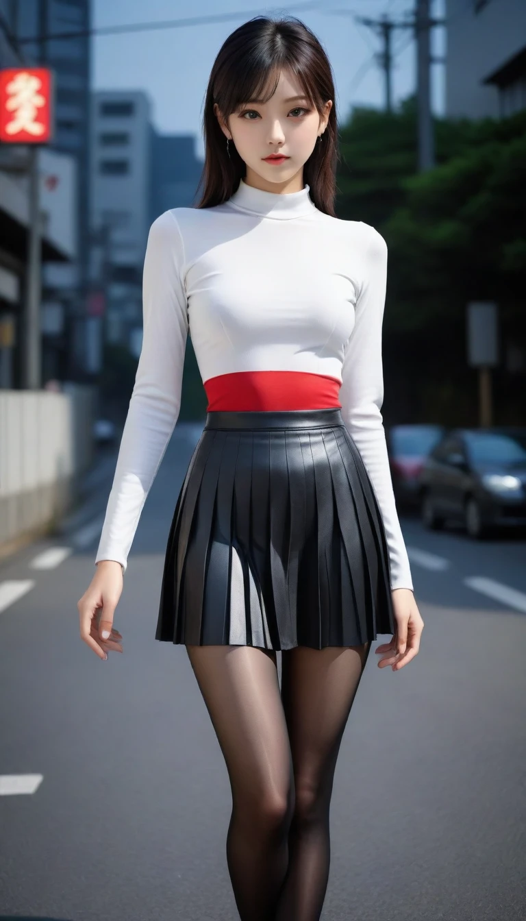 8K, Ultra-high resolution, Highest quality, masterpiece, 三分割法によるphotograph,Surreal, photograph, 1 Girl, (:1.3), pretty girl, Cute face, Beautiful eyes in every detail, 細かくdetailedに,masterpiece,One Girl:1.2, Japan Female Announcer,whole body,from below,Fearful expression,Black Hair,Messy hair,Cyber city of the near future,((Racing Queen)), (((Pleated skirt))), Shiny garments, (Black Pantyhose), (latex high heels boots), skinny、A girl alone in the middle of the road,Beautiful leg line beauty,Realistic Skin, Perfect and beautiful face ,完璧でCute face, Skin with attention to detail, Perfect limbs、Narrow waist、Thin legs),Looking at the audience、beauty,Long neck、(((Ideal body type))),A cup small breasts :2,Portraiture:2,Perfect Anatomy,鮮明なdetailed,detailed,Surreal,Light and shadow,darkness