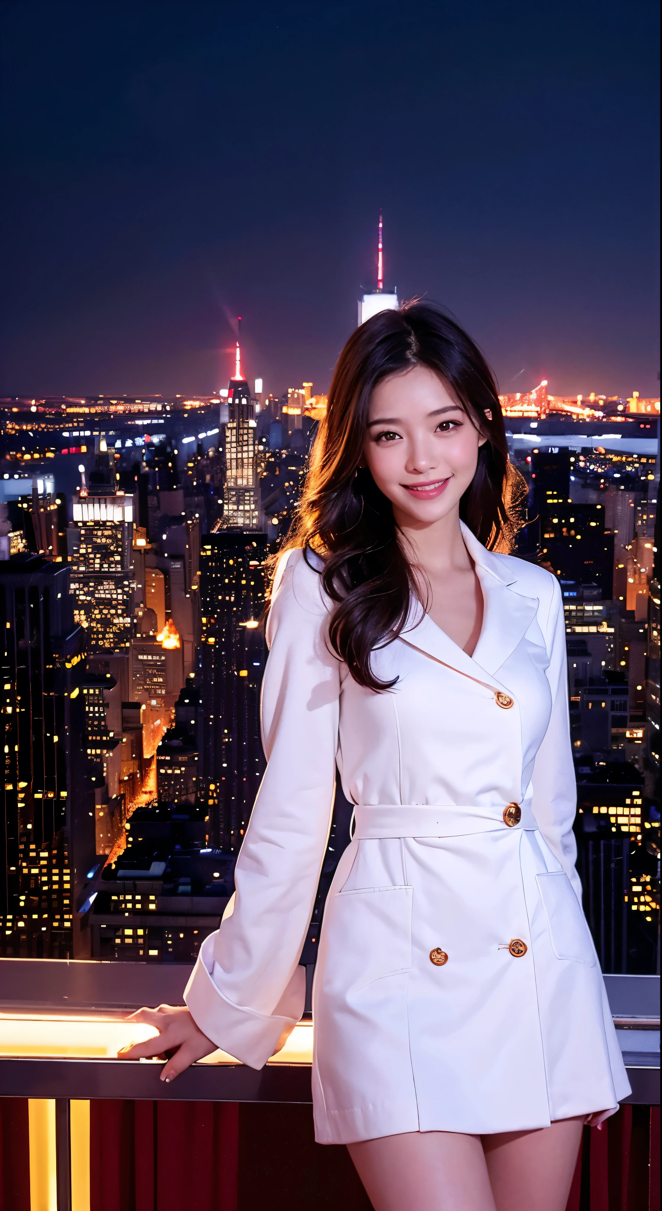with high definition images，View of the Statue of Liberty in New York from the rooftop，Beautiful woman smiling and looking at camera，Beautiful woman in a white coat and red dress（Full body high quality images）A sunny, cloudless day，Facial details