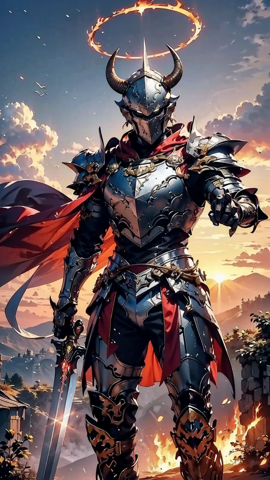 8K quality,(super masterpiece:1.3),Highest quality,Detailed Images,1 male,knight,pocket(Full Face,Two cow horns),armor(Silver Full Armor,Blue decoration),(Wear a red cloak,Red Cape),(One sword,Hold the hilt of the sword with your right hand),(background:Burning image,sunset,幻想的なsunset,The End,The end of the world,grassland,Takayama,Halo effects),(Whole body image,Standing with your legs apart),(Face directly towards the camera,Looking directly at the viewer,looking at the camera,The body faces the viewer,The body is facing the direction of the camera,Face looking straight into the camera).