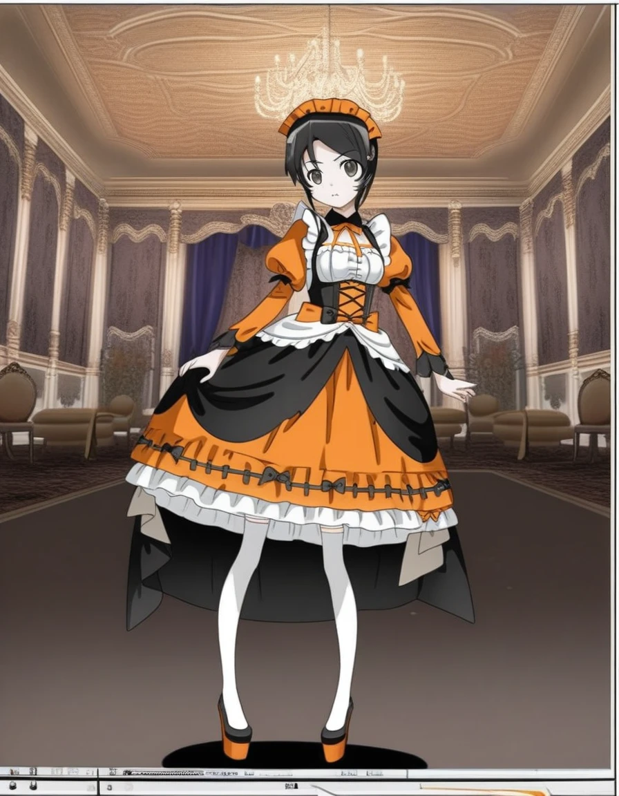 pretty maid girl dressed in a halloween outfit, in the style of anime art, light orange and dark black, indoors, Gorgeous banquet hall, white thighhighs, platform heels, orange and black, gothic style dress, vintage rococo style dress, --ar 9:16