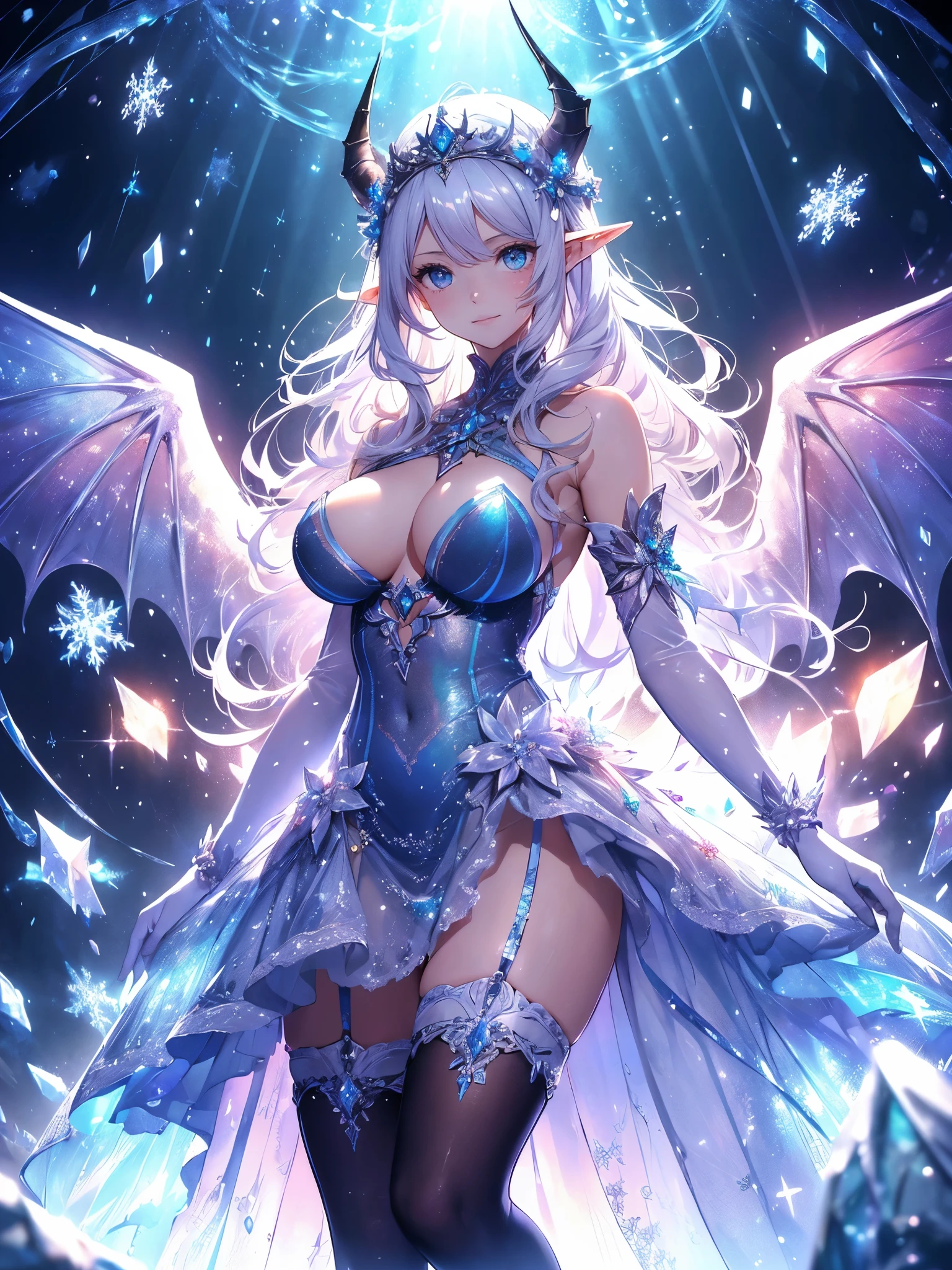 最high quality、最high quality、1 woman elf、Succubus、Stand against a wall(( up shot ))((full body stocking))'((see-through body stocking))、Lots of giant snowflakes、Beautiful eyes、tears、Raise your arms behind your head、Beautiful decoration、、Ice tiara、Beautiful galactic light、A world made of ice、最high quality , Fractal Art.Ice Throne、ice World、Bikini、beautiful big ass、　((Laugh beautifully、))((Glowing ice　))、Beautiful face、Beautifully decorated stockings、Devil's World、Ice crystals、Crystal of snow、Ice wall、ice World、Bigger on the front、 Beautiful shine,High-definition depiction, Realistic, 8K, Unity, Beautiful thighs,,Giant Devil's Wings、Rainbow-colored wings、、 light smile, Beautifully and vividly drawn, , beautiful beautiful透き通る肌、The magic of shining beautiful decoration、Giant horns、 demon king、、Beautiful decorationの角、 , beautiful、 Romanticism,mosquito。 The most beautiful form of chaos, Mr..々 Intertwined flowers, P article,Magical gentle light,smile,,image quality、masterpiece、Beautiful face、Super beautiful elf woman((Big breasted 22 year old office lady、Bust 120,Beautiful long ironed hair、Silver Hair、height: 165cm。胸120センチメートル、Esbian、、high quality、、Visual Arts、最high quality、1 woman elf NP: Worst quality ,beautiful Fractal Art　、、、light、Beautiful radiance,High-definition depiction, Realistic, 8K, Unity, , light smile, Beautifully and vividly drawn, , Beautiful, beautiful, clear skin、 Countless rays of light pouring down, Swirling Light, big background, , Intense light is emitted from the magic circle in front of the girl. Romanticism,Cowboy Shot: 最high quality　　