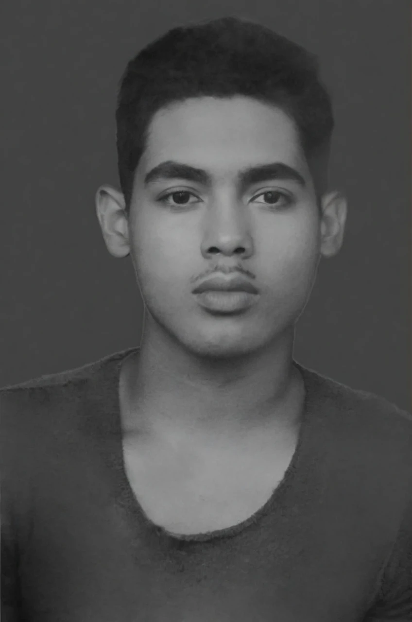 Portrait of a young man with a neutral expression, short dark hair with a faded cut, bushy eyebrows, and full lips.   The person has a medium skin tone and is wearing a dark, round-necked shirt. The background is a solid, flat color.