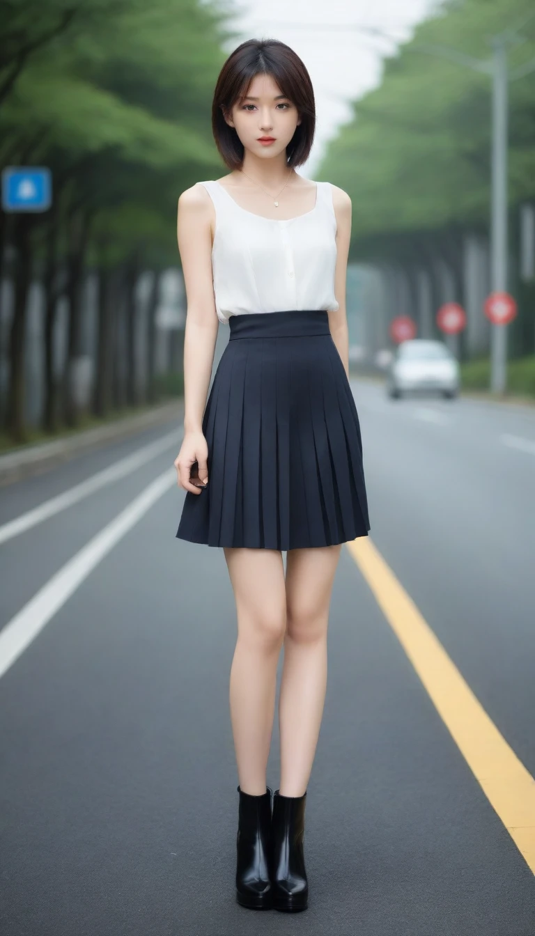 8K, Ultra-high resolution, Highest quality, masterpiece, 三分割法によるphotograph,Surreal, photograph, 1 Girl, (16 years old:1.3), pretty girl, Cute face, Beautiful eyes in every detail, 細かくdetailedに,masterpiece,One Girl:1.2, Japan Female Announcer,whole body,from below,Fearful expression,Black Hair,Messy hair,Cyber city of the near future,((Racing Queen)), (((Pleated skirt))), Shiny garments, (Black Pantyhose), (latex high heels boots), skinny、A girl alone in the middle of the road,Beautiful leg line beauty,Realistic Skin, Perfect and beautiful face ,完璧でCute face, Skin with attention to detail, Perfect limbs、Narrow waist、Thin legs),Looking at the audience、beauty,Long neck、(((Ideal body type))),A cup small breasts :2,Portraiture:2,Perfect Anatomy,鮮明なdetailed,detailed,Surreal,Light and shadow,darkness