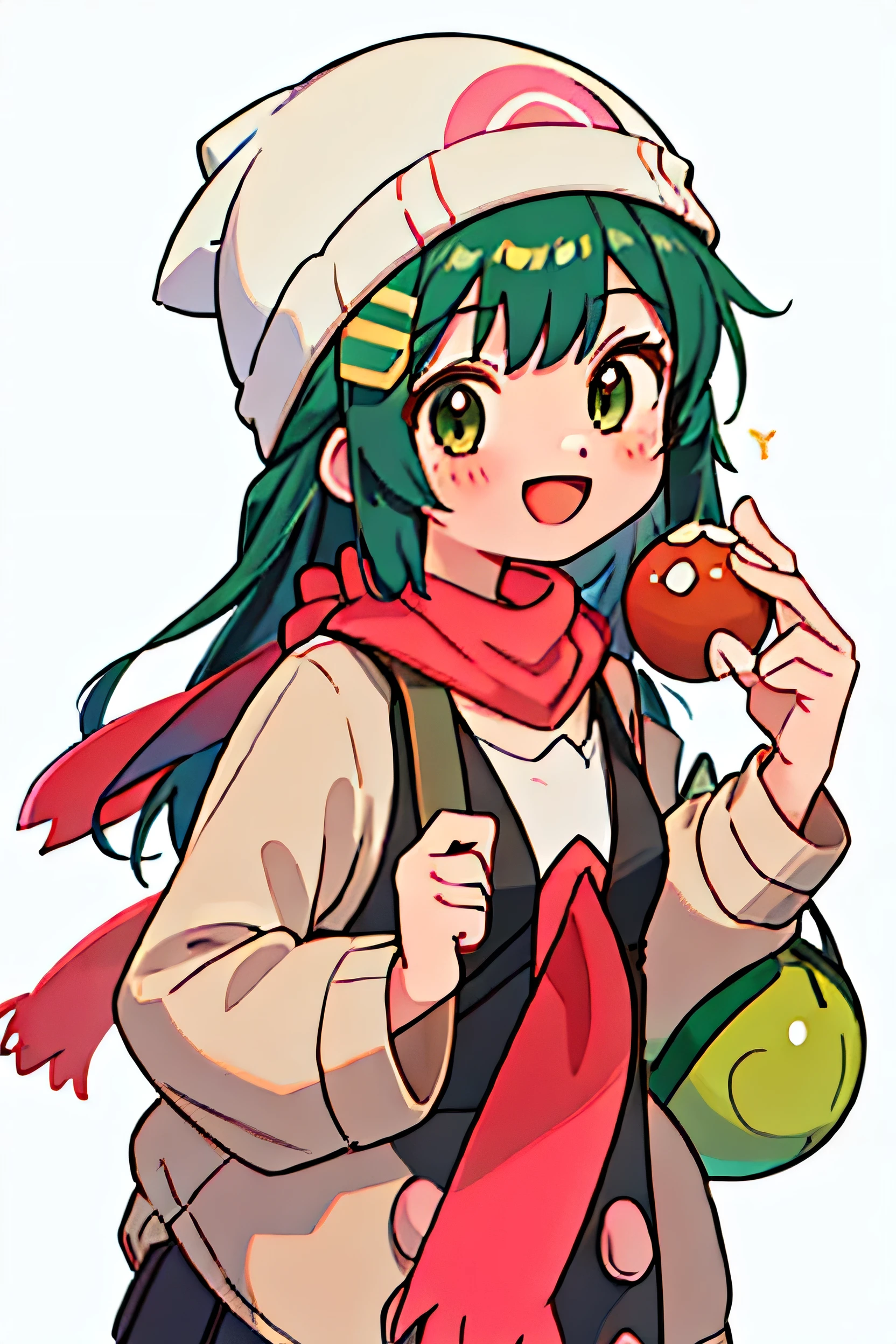 Highest quality, masterpiece, High resolution, 一人w, {hikari_porkmon:1.15}, length_hair, hw, hair_ornament, beanie, white_hat, hairclip, No sleeve, smile, green_eye, eyelash, Red noodles, black_hair, green_hair, Open_mouth, gray_eye, One girl, :d, Holdwg, Holdwg_pork_ball, Lookwg_w_Audience, pork_ball, pork_ball_\(Basic\), red_scarf, scarf, Simple_background, white_background, clavicle, shirt