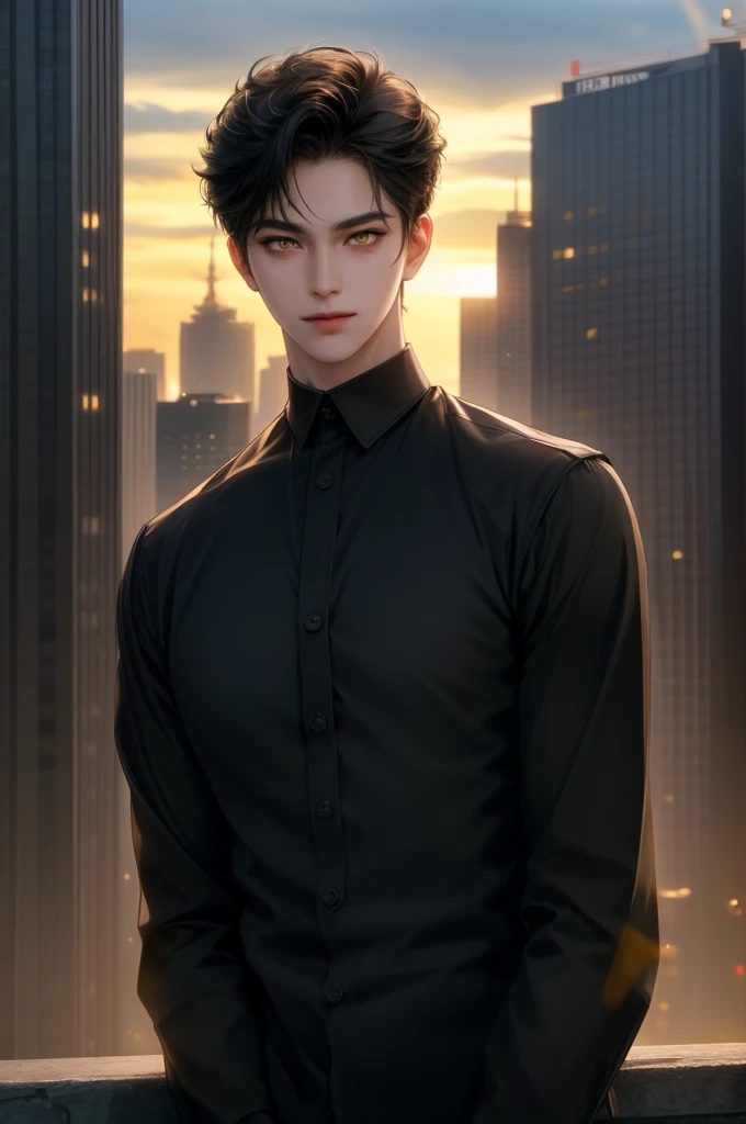 (masterpiece,best quality,ultra_detailed,highres,absurdres) (detailed shadow) (quality light),1 mature male, 21 years old, korean male focus, solo, short black hair, (yellow eyes), city background, full body, looking at viewer, parted lips, round eyewear, open black shirt, long sleeves, showing a bit of muscles, smirk smile face.