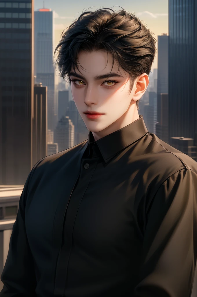 (masterpiece,best quality,ultra_detailed,highres,absurdres) (detailed shadow) (quality light),1 mature male, 21 years old, korean male focus, solo, short black hair, (yellow eyes), city background, full body, looking at viewer, parted lips, round eyewear, open black shirt, long sleeves, showing a bit of muscles, smirk smile face.