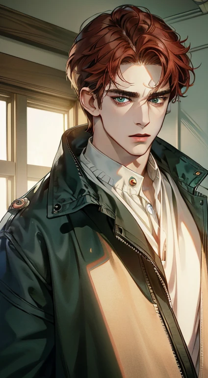 (best quality, masterpiece, 8K, photorealistic, cinematic lighting, 1:4 hdr image, ultra detailed, beautiful image), a mature man, 34 years very handsome, ((cold expression)), short red hair, green eyes, face perfect without mistakes, ((buttoning his jacket, CEO))