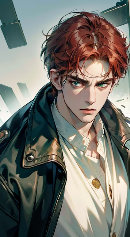 (best quality, masterpiece, 8K, photorealistic, cinematic lighting, 1:4 hdr image, ultra detailed, beautiful image), a mature man, 34 years very handsome, ((cold expression)), short red hair, green eyes, face perfect without mistakes, ((buttoning his jacket, CEO))