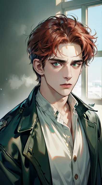 (best quality, masterpiece, 8K, photorealistic, cinematic lighting, 1:4 hdr image, ultra detailed, beautiful image), a mature man, 34 years very handsome, ((cold expression)), short red hair, green eyes, face perfect without mistakes, ((buttoning his jacket, CEO))