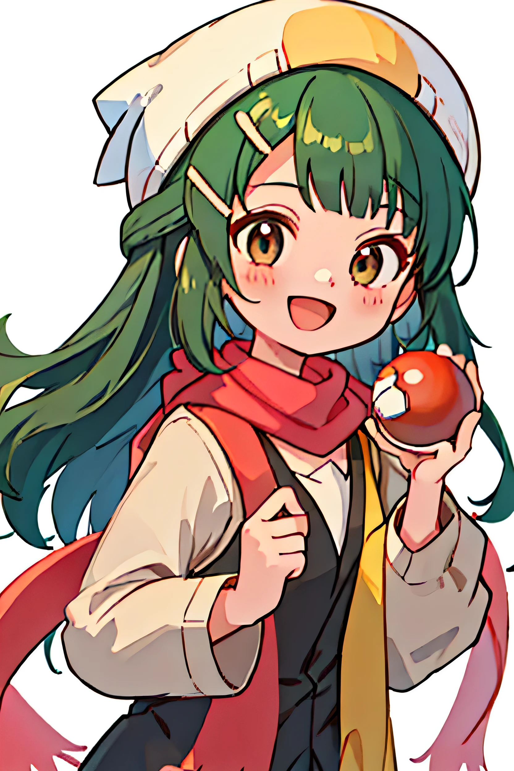 Highest quality, masterpiece, High resolution, 一人w, {hikari_porkmon:1.15}, length_hair, hw, hair_ornament, beanie, white_hat, hairclip, No sleeve, smile, green_eye, eyelash, Red noodles, black_hair, green_hair, Open_mouth, gray_eye, One girl, :d, Holdwg, Holdwg_pork_ball, Lookwg_w_Audience, pork_ball, pork_ball_\(Basic\), red_scarf, scarf, Simple_background, white_background, clavicle, shirt