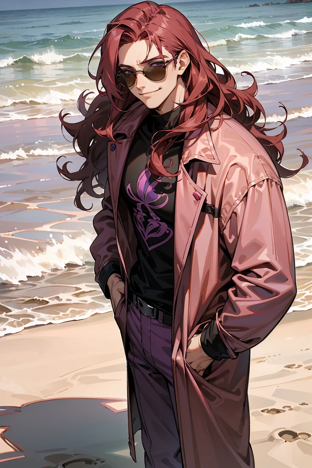 1male, Young Adult, Dark Red Hair, Light Pink Hair, , Muscular, Curly Hair, Two Toned Hair, Sunglasses, Magenta Colored Eyes, Smirk, Standing On Beach, Purple Coat, Long Hair