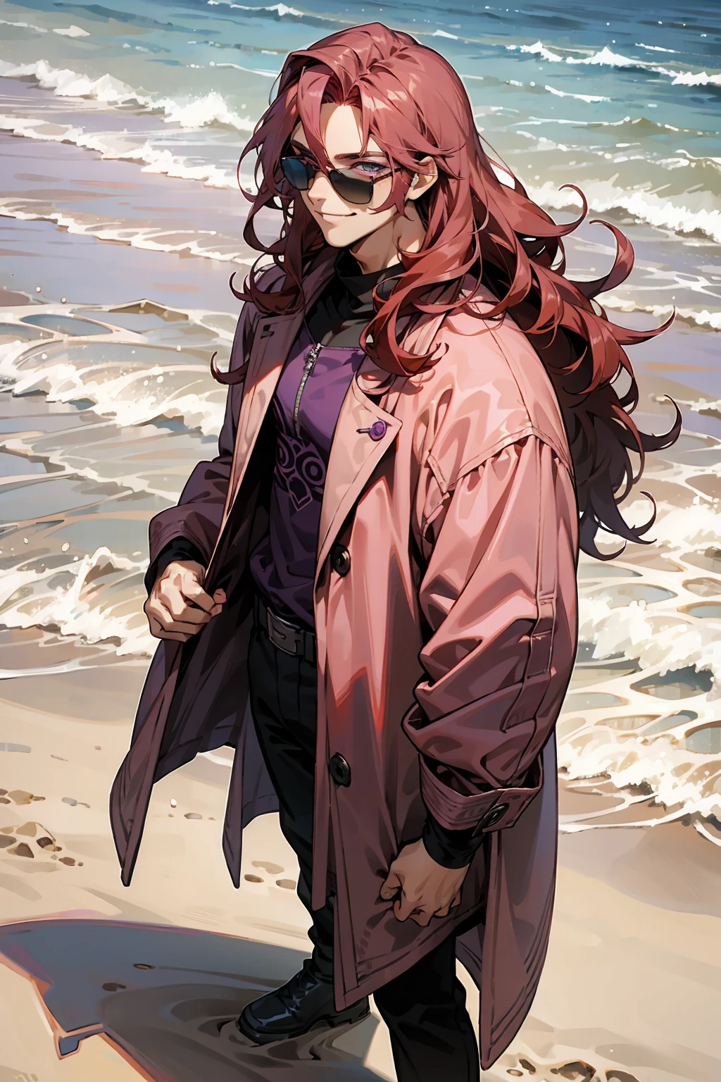 1male, Young Adult, Dark Red Hair, Light Pink Hair, , Muscular, Curly Hair, Two Toned Hair, Sunglasses, Magenta Colored Eyes, Smirk, Standing On Beach, Purple Coat, Long Hair