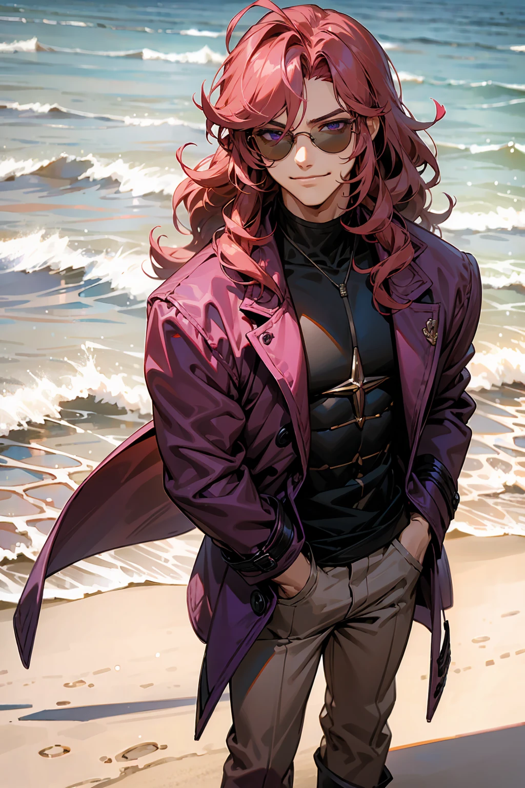 1male, Young Adult, Dark Red Hair, Light Pink Hair, , Muscular, Curly Hair, Two Toned Hair, Sunglasses, Magenta Colored Eyes, Smirk, Standing On Beach, Purple Coat, Long Hair