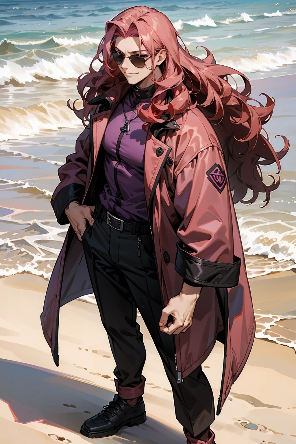 1male, Young Adult, Dark Red Hair, Light Pink Hair, , Muscular, Curly Hair, Two Toned Hair, Sunglasses, Magenta Colored Eyes, Smirk, Standing On Beach, Purple Coat, Long Hair