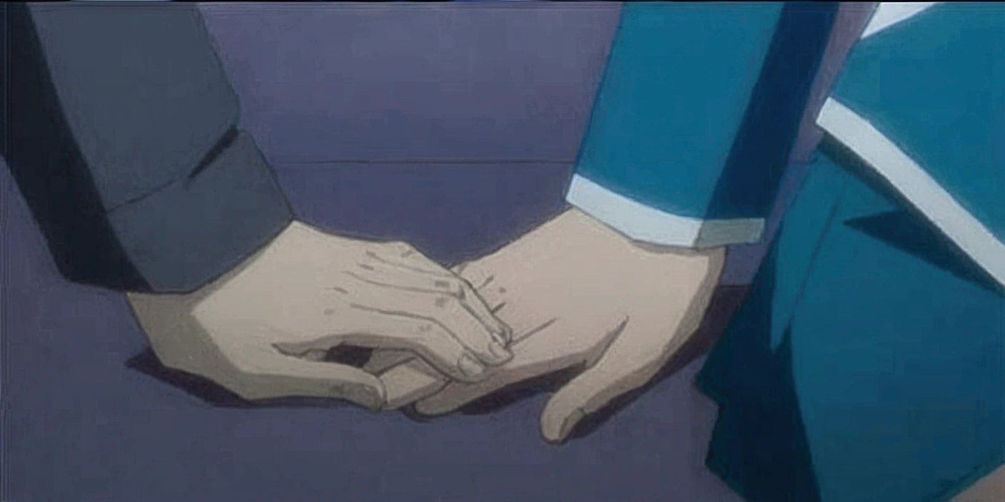 anime image of a couple taking the hands in a room, taking the hand, taking the hands, holding hands, through the hand, Rub hands!!!, taking the hands in the moonlight, Hands not visible, sitting on the tip of man's finger, ( ( ( yoshinari yoh ) ) ), normal hands, Men's hands, elegant hands, anime screencap, Take my hand