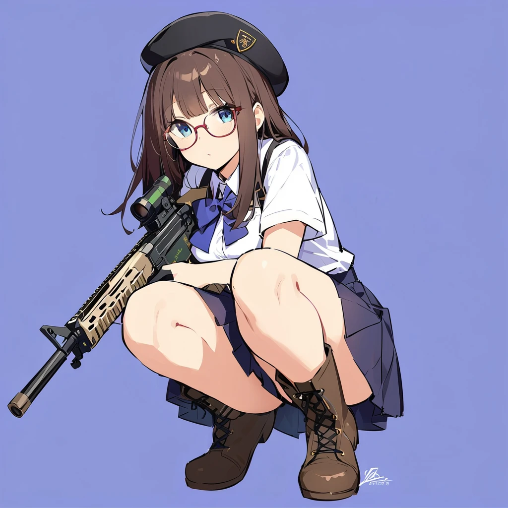 Plain background, girl wearing high , summer uniform, short sleeves, military boots, glasses, holding M4A1, mini skirt, beret, squatting