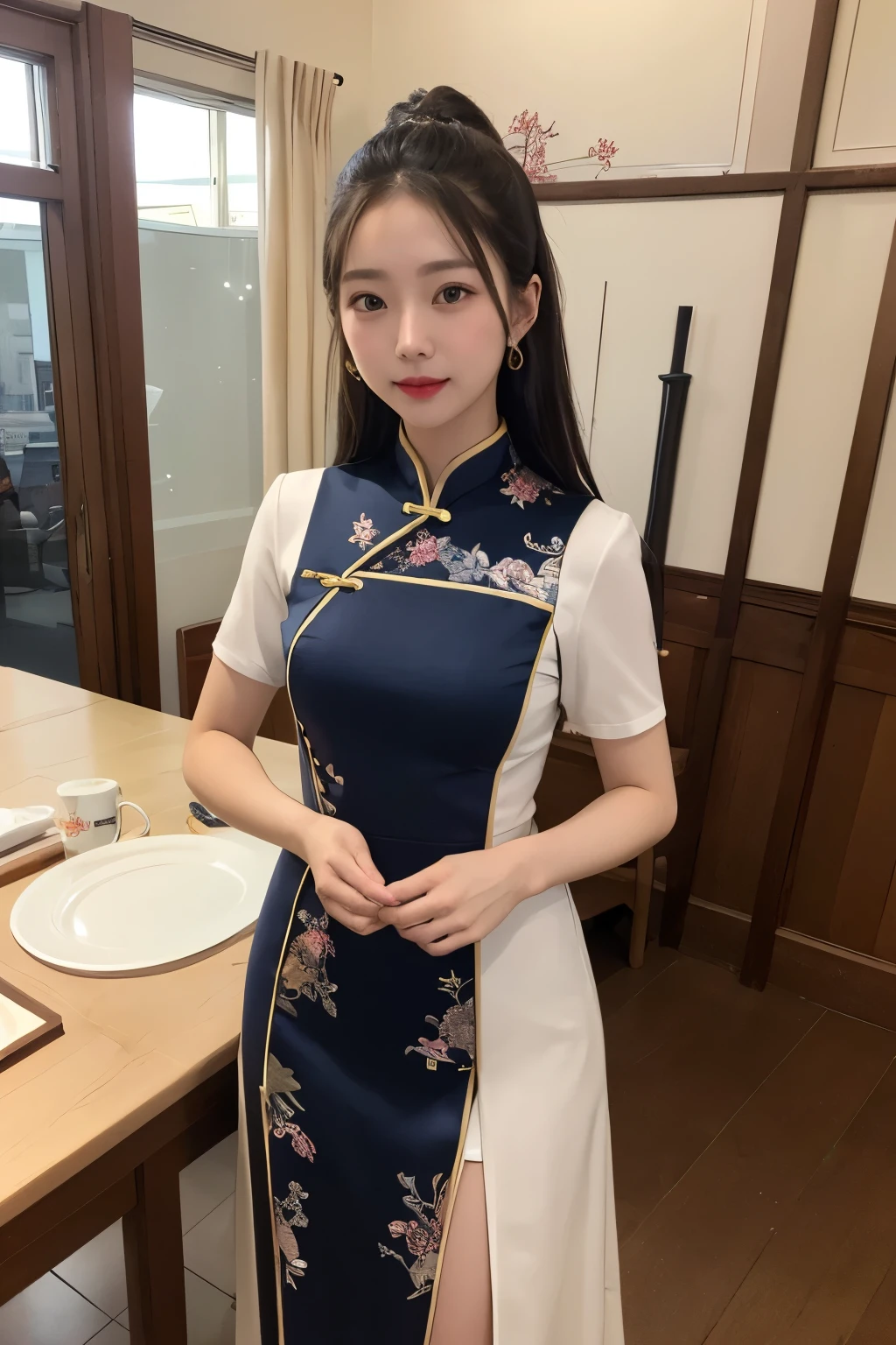 ((Highest quality)), ((masterpiece)), (detailed), One girl, Traditional Chinese Dress、Navy Blue、slender