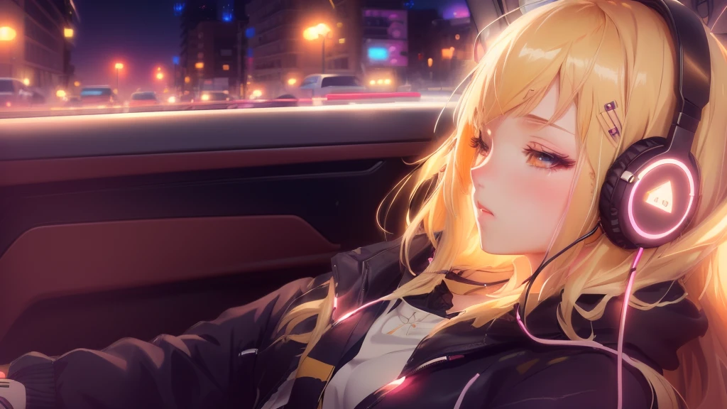 anime, girl, Headphones, car, night, city, city lights, nightcore, anime. Soft lighting, anime background, anime style 4 k, 4k anime wallpaper, anime wallpaper 4k, anime wallpaper 4 k, anime visual of a cute girl, lofi girl, hd anime wallaper, anime wallaper, blonde anime girl with long hair