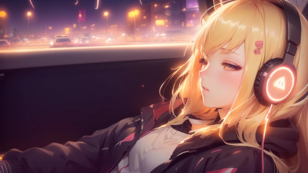anime, girl, Headphones, car, night, city, city lights, nightcore, anime. Soft lighting, anime background, anime style 4 k, 4k anime wallpaper, anime wallpaper 4k, anime wallpaper 4 k, anime visual of a cute girl, lofi girl, hd anime wallaper, anime wallaper, blonde anime girl with long hair