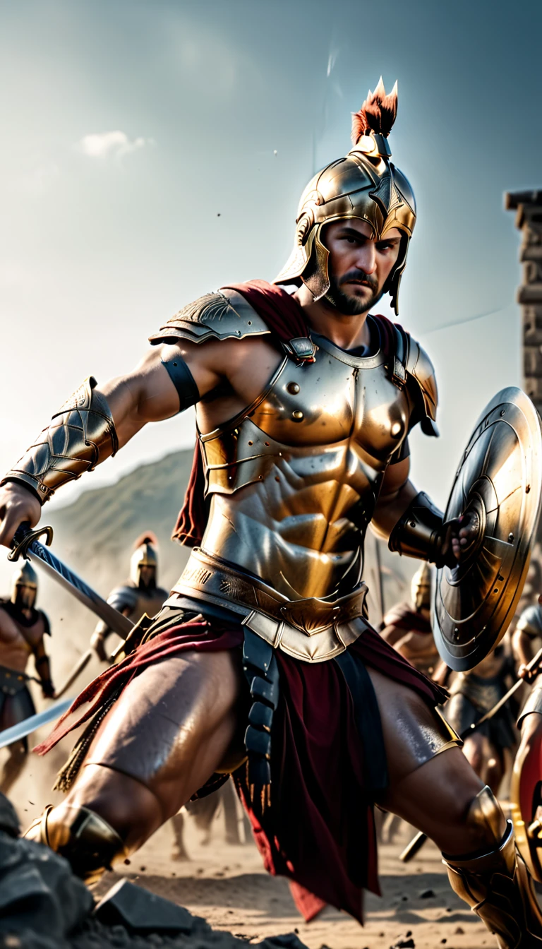 Create an image of a Spartan warrior fighting multiple enemies, showcasing his agility and power, hyper realistic, ultra detailed hyper realistic, photorealistic, Studio Lighting, wearing a gold crown, reflections, dynamic pose, Cinematic, Color Grading, Photography, Shot on 50mm lens, Ultra-Wide Angle, Depth of Field, hyper-detailed, beautifully color, 8k