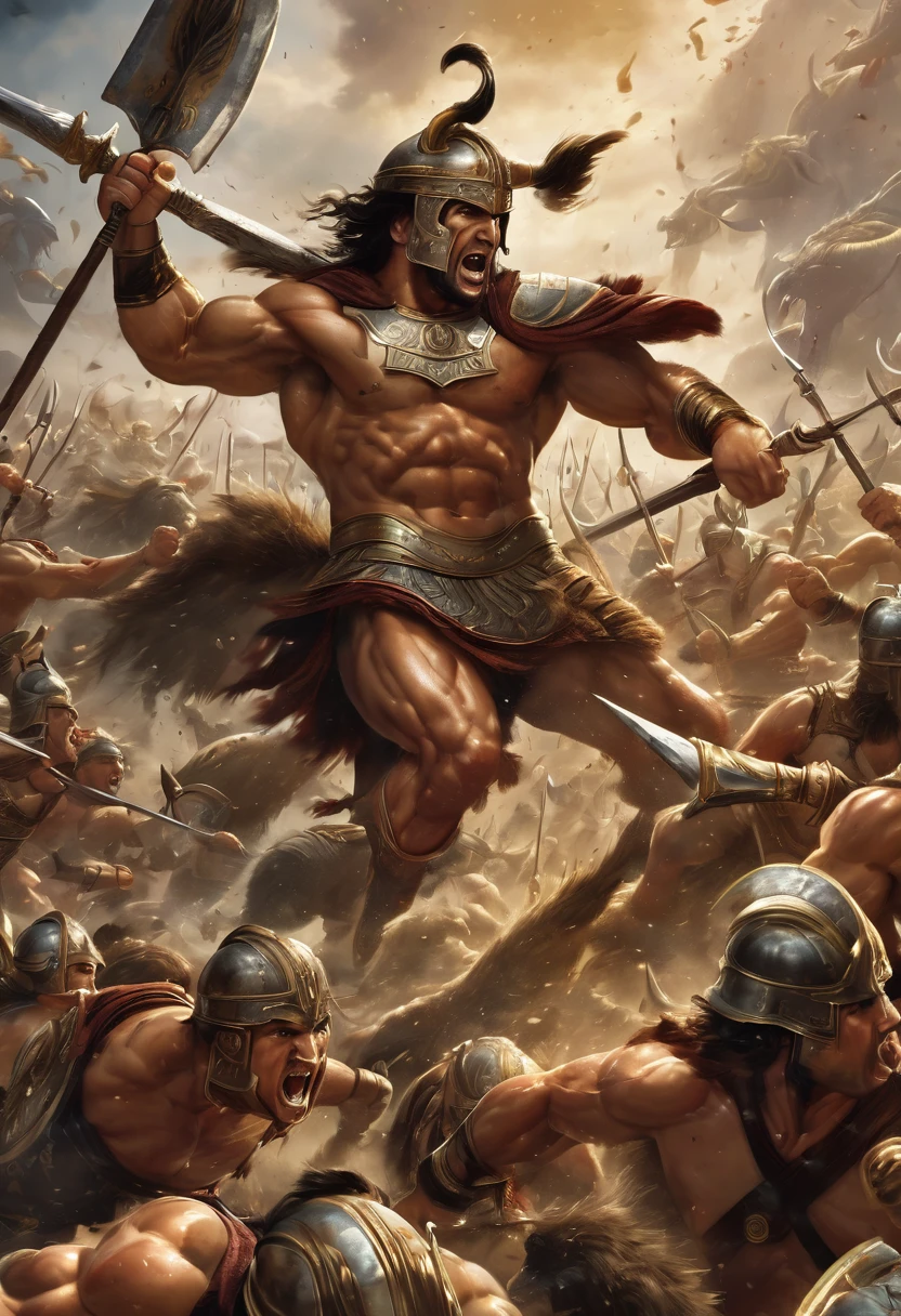  Muscular Greek warriors in an epic battle against monstrous beasts 