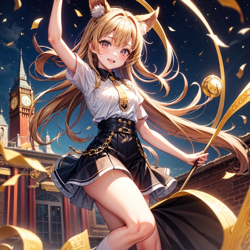 Brown and gold hair、Red gold eyes、Hair tied up、One good looking girl、solo、anime、Checkered mini skirt、Ruffles on the skirt、T-Shirts、Black knee-high socks、Teeth are visible、Starry Sky、Midnight Moon、Confetti、Brick construction、clock tower、spiral stage