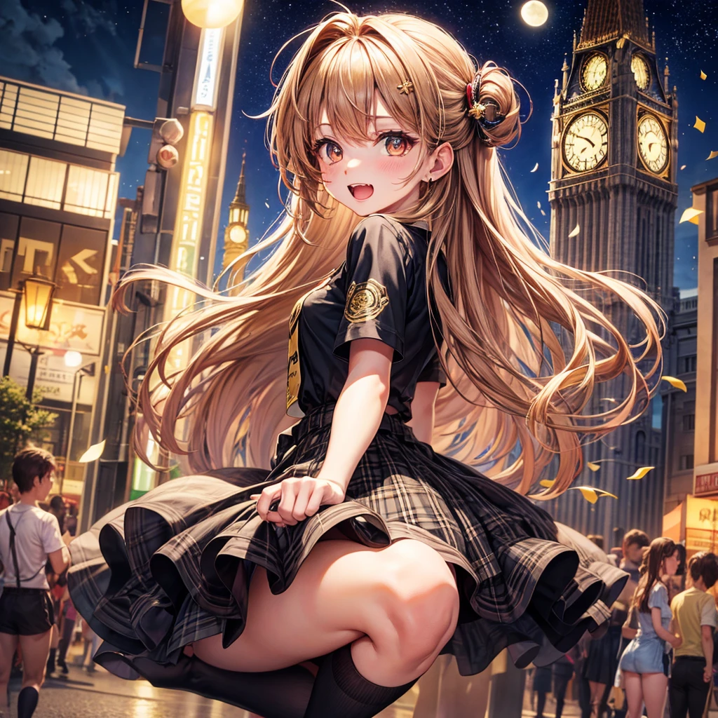 Brown and gold hair、Red gold eyes、Hair tied up、One good looking girl、solo、anime、Checkered mini skirt、Ruffles on the skirt、T-Shirts、Black knee-high socks、Teeth are visible、Starry Sky、Midnight Moon、Confetti、Brick construction、clock tower、spiral stage