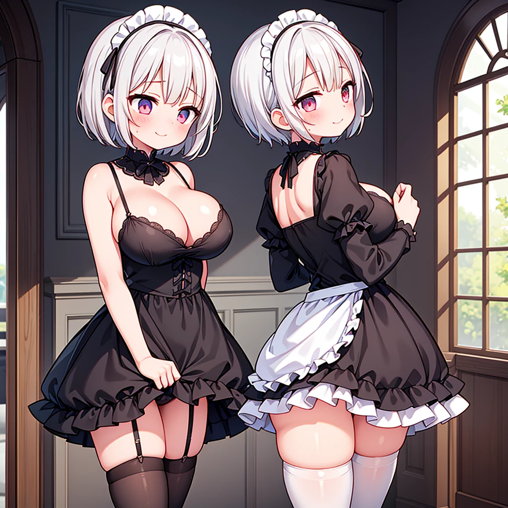 1 girl with big bust and curves alone, short white hair, Rojo eyes, short hair , SMILE,, looking towards him, very short maid dress and uncovered in the back, blush, lingerie white thigh high stockings, Closed mouth, day, looking away embarrassed, Inside a house
