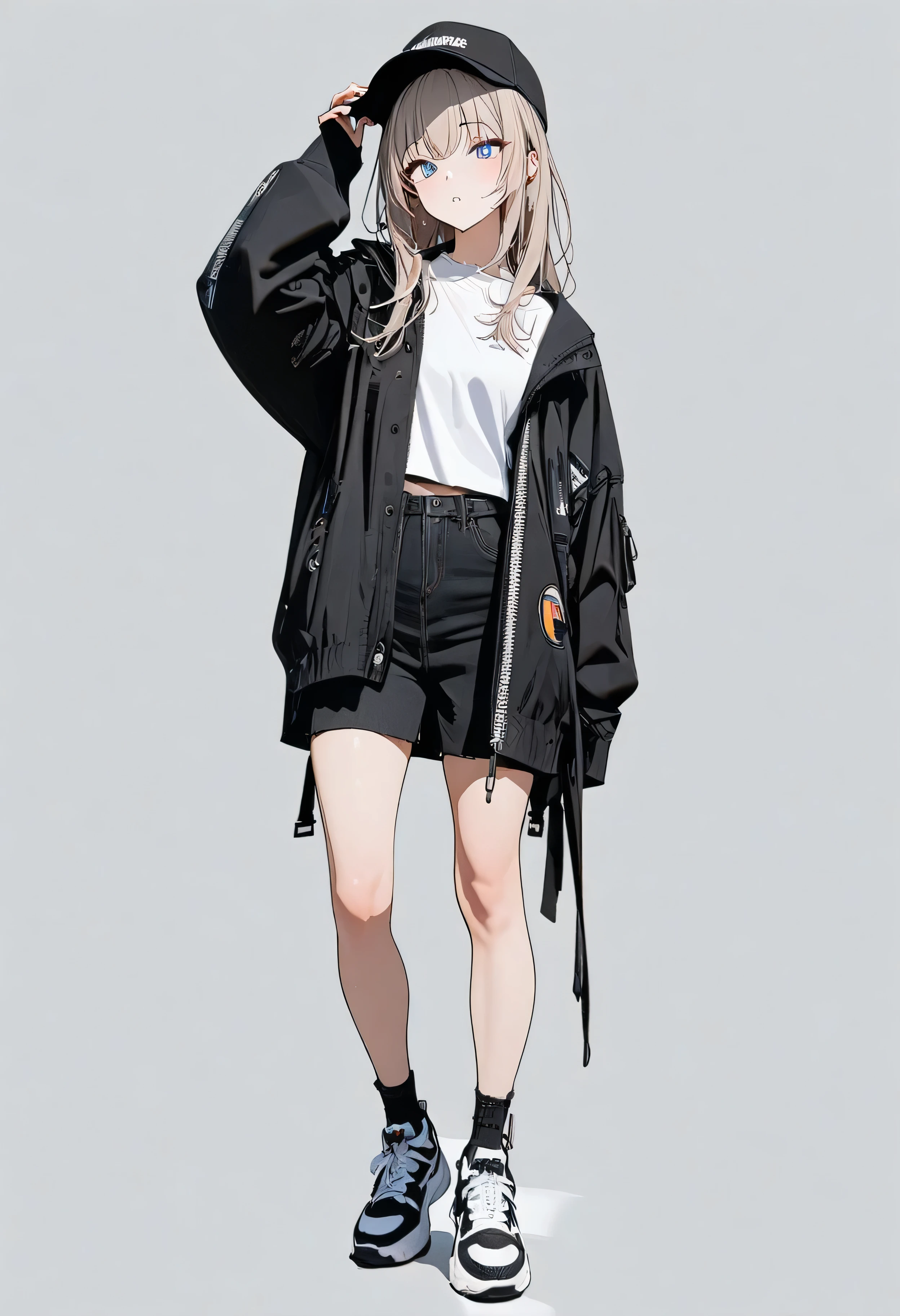 (Masterpiece, highest quality: 1.2, 8K), centered, full body, one girl, street fashion, simple sneakers, simple background, white background, beautiful eyes, open eyes, no hat