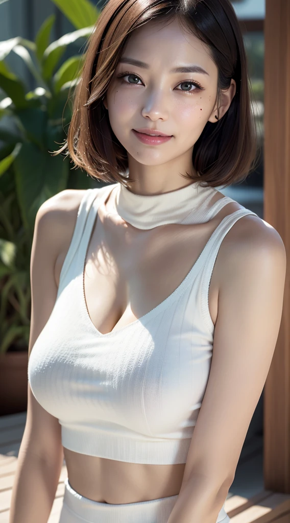 Tabletop, Highest quality, Photorealistic, finely, High resolution, 8k wallpaper, Perfect dynamic composition, finelyて美しい目, Short Bob Hair, Big and ample breasts, Random sexy poses,Chest to chest、(Mock neck crop tank top in white knit、The cleavage looks real)、(Breast Swelling 1.2)、Laughter、Open your mouth、Resort scenery、(((42 years old)))、(Droopy Eyes 1.4)、 beauty、Japanese、(Mole under left eye、Blackhead on the right side of the mouth)