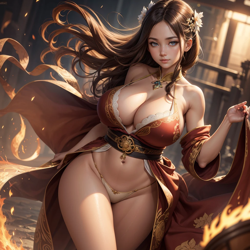 Highly detailed CG unit 8K wallpaper, masterpiece, High resolution, highest quality, highest quality real texture skin, Super Real, Digital Painting, Best image quality, 最High resolution, 8K, Very beautiful teenager, ((Highly detailed eyes and face)), Beautiful eyes every detail, Full Body Shot, beautiful kimonos, Japanese dress, Dazzling, オフショルダー, chinese style embroidery, ((disproportionate breasts, huge breasts, sagging breasts:1.5, Cleavage:1.5, gigantic breasts, Saggy breasts, Gravity-dependent breasts, Heavy chest, long chest, Heavy chest)), erect nipple, (((tanned skin, brown skin, dark skin, sideboobs))), slender, smile, grin, Strong winds, typhoon, light brown hair,