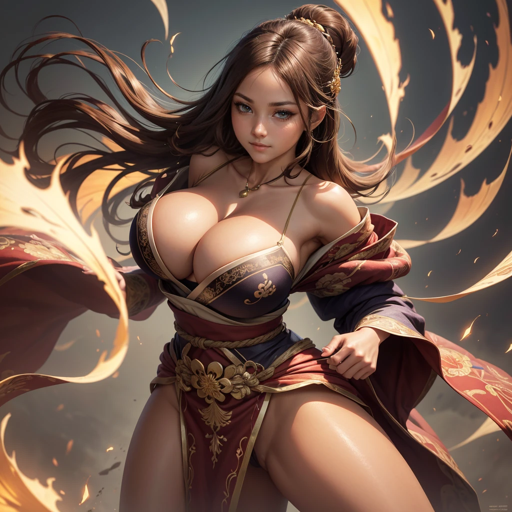 Highly detailed CG unit 8K wallpaper, masterpiece, High resolution, highest quality, highest quality real texture skin, Super Real, Digital Painting, Best image quality, 最High resolution, 8K, Very beautiful ager, ((Highly detailed eyes and face)), Beautiful eyes every detail, Full Body Shot, beautiful kimonos, Japanese dress, Dazzling, オフショルダー, chinese style embroidery, ((disproportionate breasts, huge breasts, sagging breasts:1.5, Cleavage:1.5, gigantic breasts, Saggy breasts, Gravity-dependent breasts, Heavy chest, long chest, Heavy chest)), erect nipple, (((tanned skin, brown skin, dark skin, sideboobs))), slender, smile, grin, Strong winds, typhoon, light brown hair,
