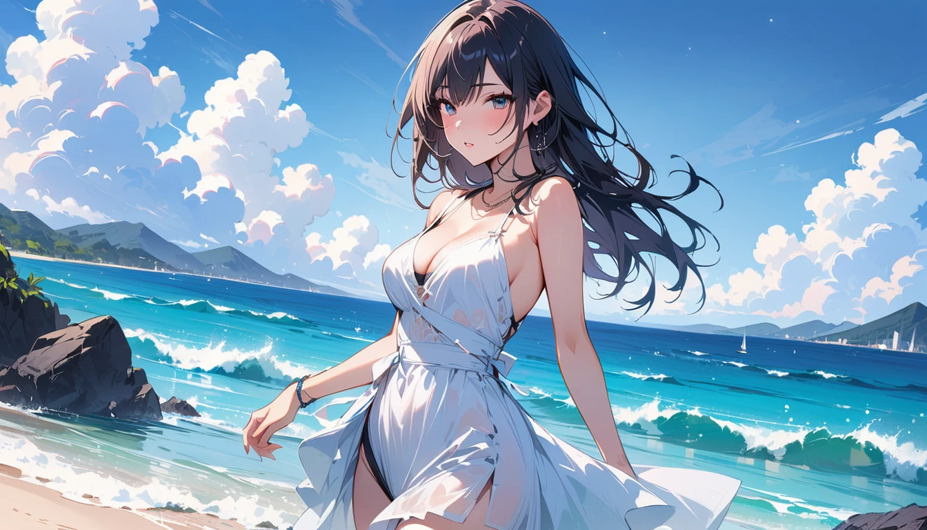 (masterpiece, Highest quality:1.2), 1 Girl, alone,Eyes open,Are you having fun,Tropical atmosphere,Ocean,Healed