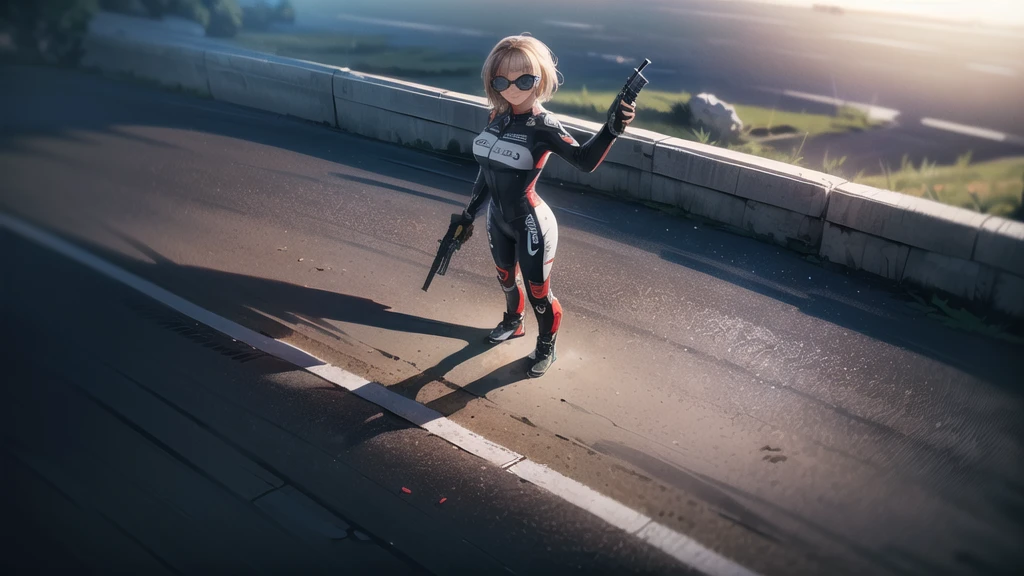 (masterpiece:1.1), hi-res, 4k, photorealistic. (((((1girl, solo, alone, superbiker, close-up superbike shot))))), medium-breast:1.1 slim body, cleavage, sexy clothes, (headphone, black sunglasses), (((standing and holding pistol pose))), half-body thigh level medium shot, cinematic lighting, lens flare, ray tracing.