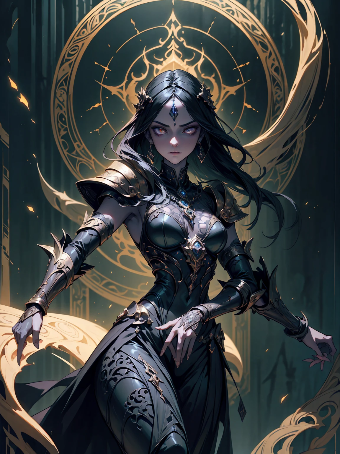 A breathtaking artwork of a female character of unimaginable beauty, set in a dark and opulent environment. The full-body view reveals an impressive figure, exuding an aura of power and mystery. She wears black and gold clothes, radiating a luxurious darkness. Her armor is detailed and characteristic, with intricate golden designs that shimmer in the dim light. Ornate shoulder pads protect her shoulders, and the armor perfectly molds to her body, accentuating her formidable presence.

Her long black hair flows like a river of darkness, contrasting with her mesmerizing scarlet eyes. Her beauty is almost supernatural, a perfect blend of grace and menace. She wields a cursed blade that seems to pulse with malevolent energy, enhancing her aura of danger.

The setting around her is a gothic and luxurious environment, with dark arches and stained glass windows that filter a supernatural light. In the background, candles flicker, casting dancing shadows on the intricately carved stone walls. It is a place that blends elegance and terror, perfectly reflecting the essence of the character.
