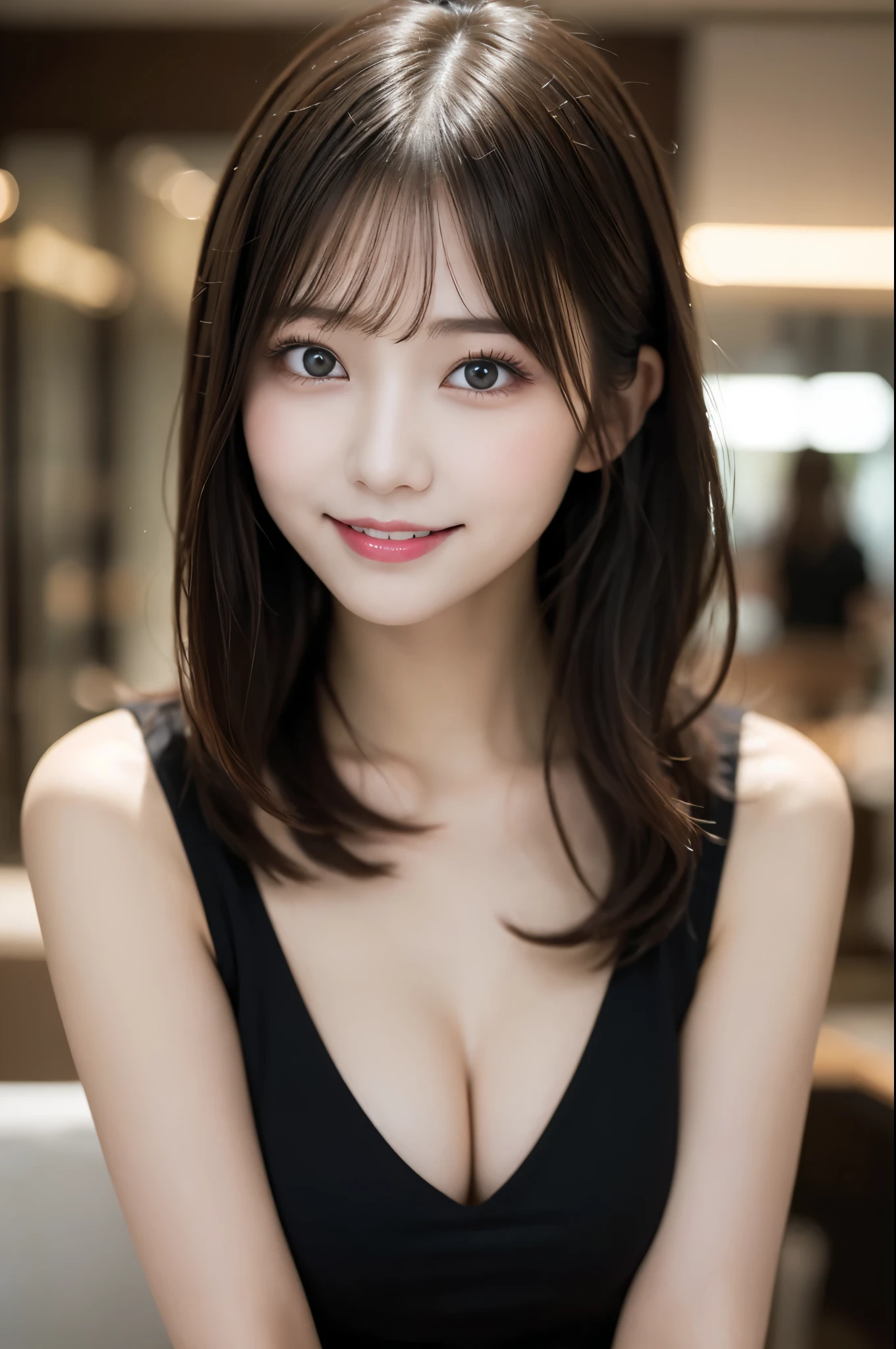 Tabletop, Highest quality, shape, Very detailed, finely, High resolution, 8k wallpaper, 完璧なダイナミックな構shape, Beautiful and exquisite,ランダムなcute髪,,Natural color lip, Bold sexy pose,smile、20-year-old girl、cute、Looking into the camera,Always blur the background,Perfect and beautiful face,Slim face and figure,Big eyes、Putting on gal makeup,Small face,Shooting from below、smile,Blurred Background,Elegant feminine face、Cyberpunk Fashion、smile