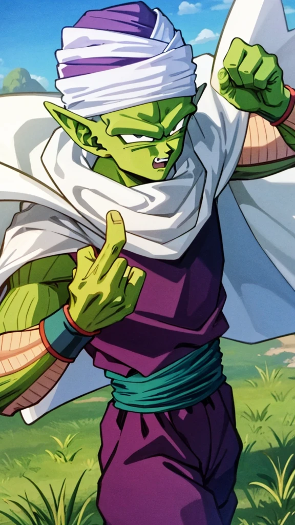 {{{masterpiece}}}, {{{best quality}}}, {{ultra-detailed}}, {illustration}, {{an extremely delicate and beautiful}}, (beautiful detailed eyes:1.6), extremely detailed face, 8k, anime face, piccolo(Dragon Ball Z),1boy, solo, pointy ears, bald, black eyes, green skin pink patches, purple dougi, purple pants, blue sash, (white turban), white cape, piccolo's cloak, BREAK, makankosappo charge, finger on forehead, energy on finger, electricity, aura, fighting stance, grit teeth, fang, Crab crotch, looking at viewer, rocky grassfields, standing