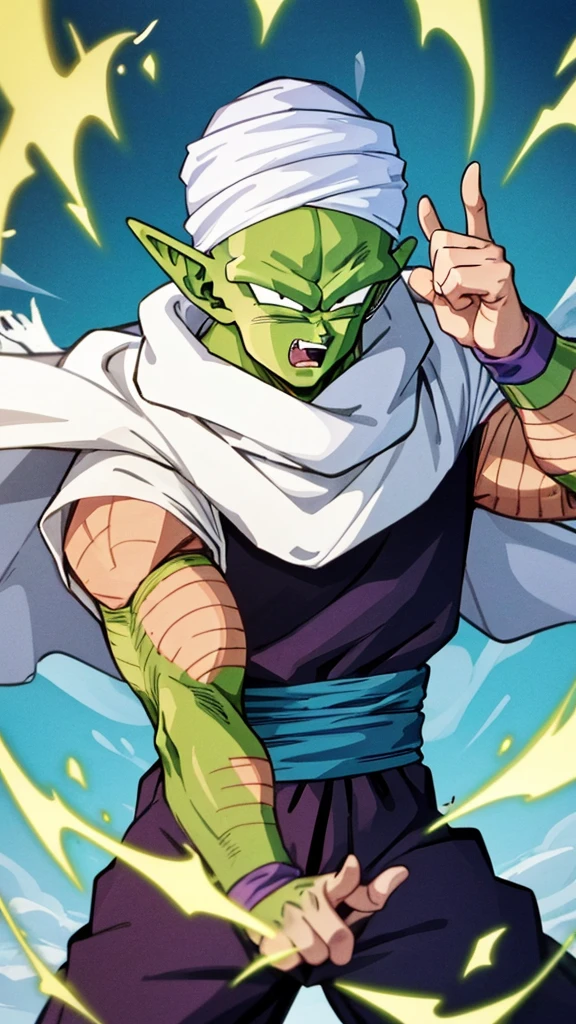 {{{masterpiece}}}, {{{best quality}}}, {{ultra-detailed}}, {illustration}, {{an extremely delicate and beautiful}}, (beautiful detailed eyes:1.6), extremely detailed face, 8k, anime face, piccolo(Dragon Ball Z),1boy, solo, pointy ears, bald, black eyes, green skin pink patches, purple dougi, purple pants, blue sash, (white turban), white cape, piccolo's cloak, BREAK, makankosappo charge, finger on forehead, energy on finger, electricity, aura, fighting stance, grit teeth, fang, Crab crotch, looking at viewer, rocky grassfields, standing