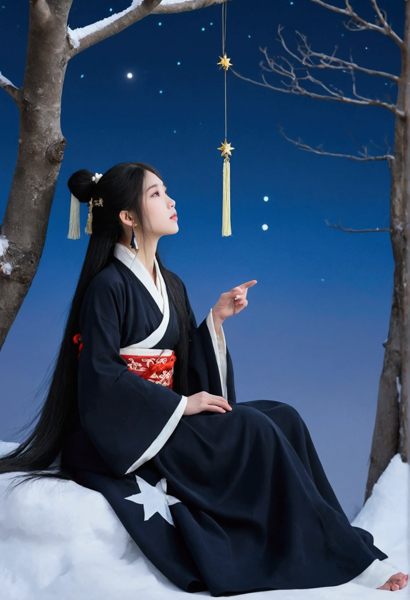 moon,night,long hair,full moon,1girl,sky,snow,outdoors,black hair,hanfu,sitting,night sky,animal,wolf,tree,profile,snowing,long sleeves,wide sleeves,winter,chinese clothes,bangs,bare tree,sidelocks,very long hair,fur trim,star (sky),from side,cloud,steam,jewelry,earrings,fur,closed mouth,