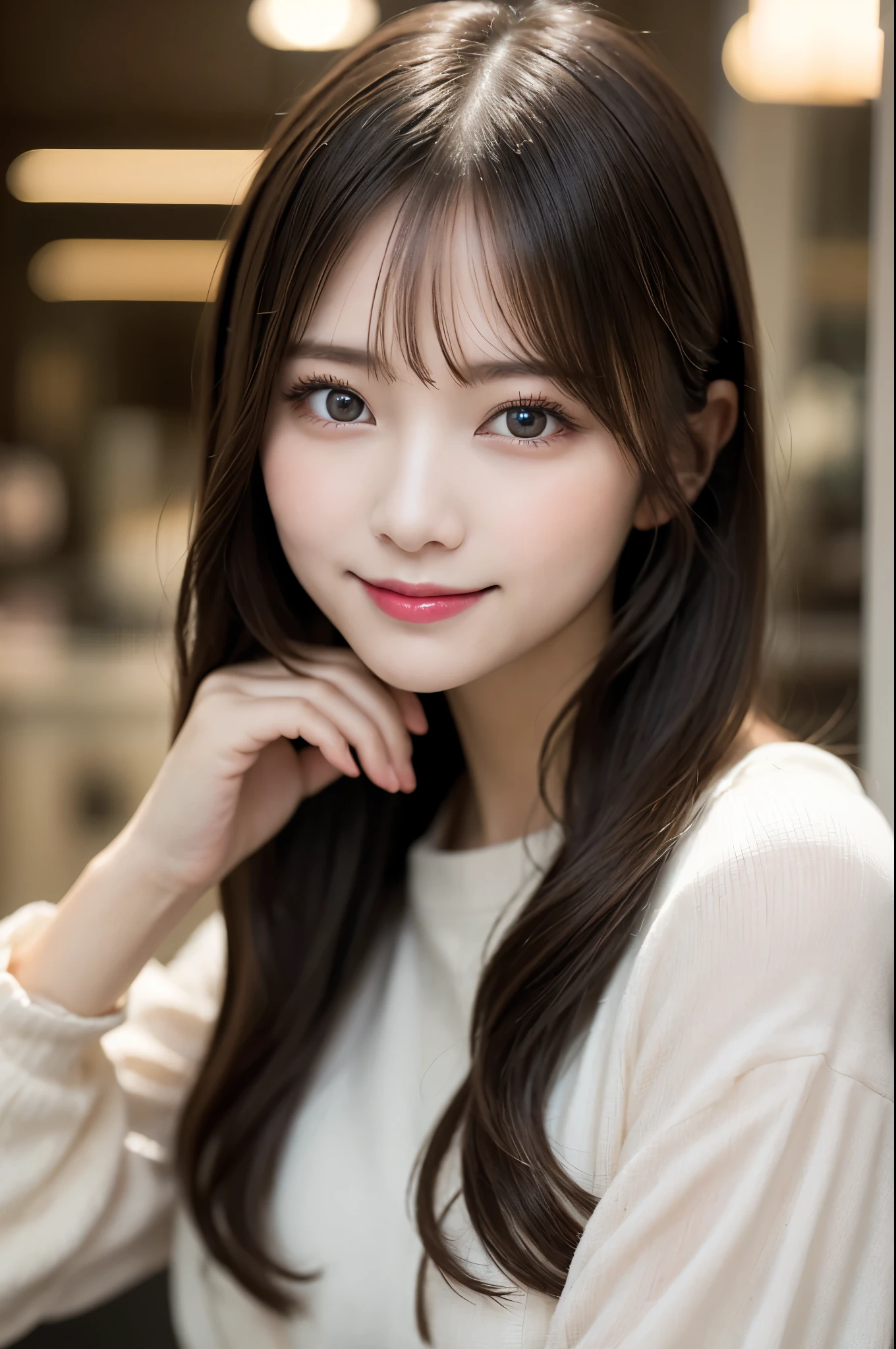 Tabletop, Highest quality, shape, Very detailed, finely, High resolution, 8k wallpaper, 完璧なダイナミックな構shape, Beautiful and exquisite,ランダムなcute髪,,Natural color lip, Bold sexy pose,smile、20-year-old girl、cute、Looking into the camera,Always blur the background,Perfect and beautiful face,Slim face and figure,Big eyes、Putting on gal makeup,Small face,Shooting from below、smile,Blurred Background,Elegant feminine face、Cyberpunk Fashion、smile