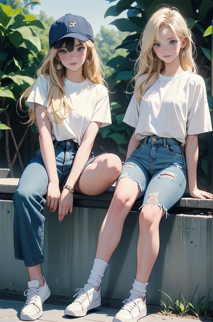long hair, looking at viewer, blush, bangs, blue eyes, multiple girls, blonde hair, shirt, 2girls, jewelry, sitting, closed mouth, full body, white shirt, short sleeves, earrings, outdoors, shoes, shorts, day, socks, pants, nail polish, tree, white footwear, blue shirt, denim, white socks, t-shirt, sneakers, knee up, blue shorts, watch, blue pants, pool, green nails