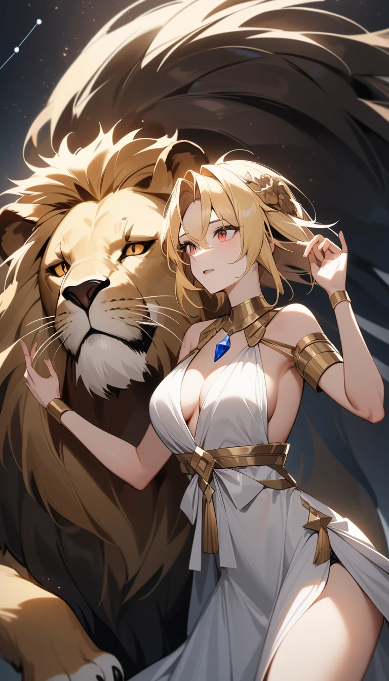 (Huang Li、high quality、Extremely detailed),Constellation - Goddess Leo,Giant lion,Woman petting a lion,Similar to Latin goodness,brave,capricious,Productivity,The face of enterprising and humanitarianism,Blonde hair,Ancient Greek costumes、Wrap Dress,The background is the universe,Crystal red eyes(Eyes Details),Powerful appearance