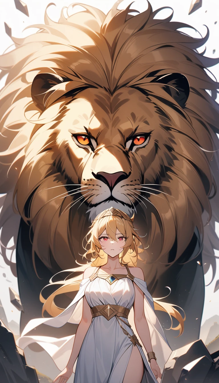 (Huang Li、high quality、Extremely detailed),Constellation - Goddess Leo,Giant lion,Woman petting a lion,Similar to Latin goodness,brave,capricious,Productivity,The face of enterprising and humanitarianism,Blonde hair,Ancient Greek costumes、Wrap Dress,The background is the universe,Crystal red eyes(Eyes Details),Powerful appearance