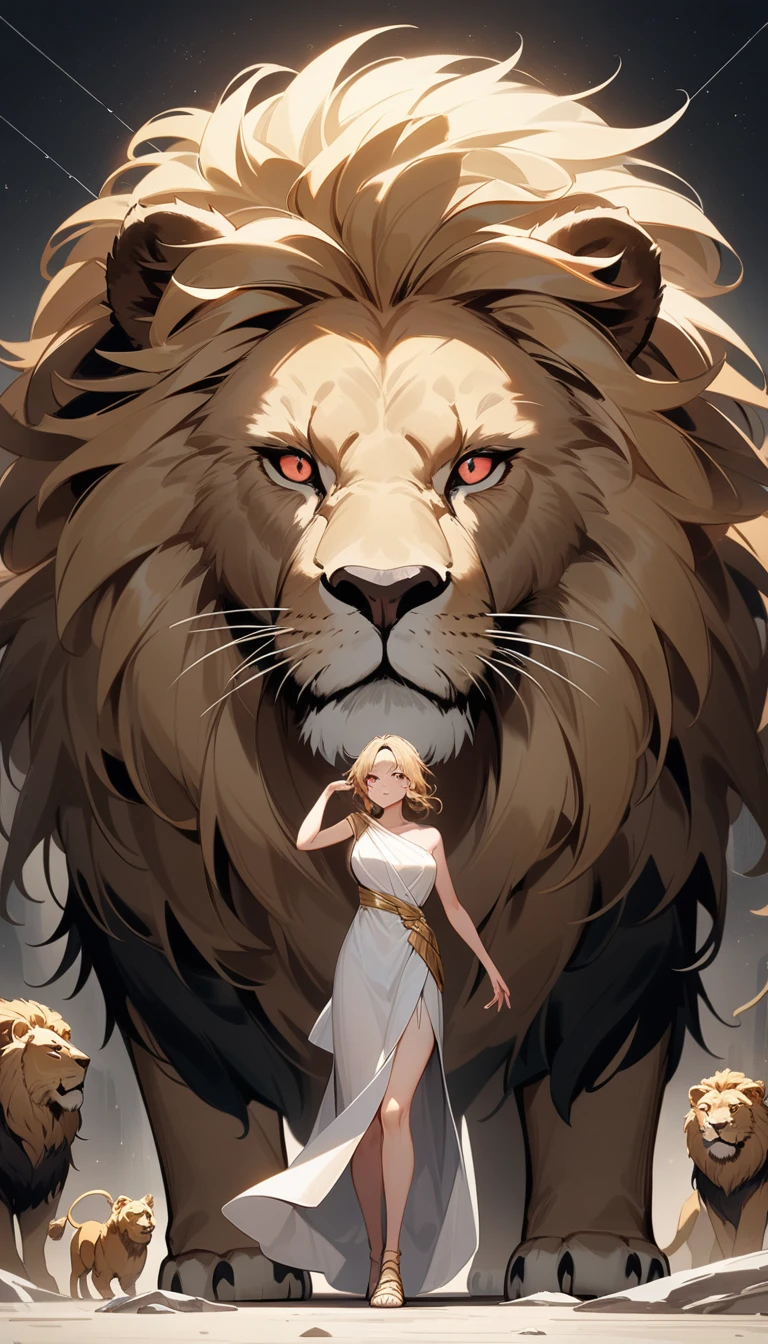 (Huang Li、high quality、Extremely detailed),Constellation - Goddess Leo,Giant lion,Woman petting a lion,Similar to Latin goodness,brave,capricious,Productivity,The face of enterprising and humanitarianism,Blonde hair,Ancient Greek costumes、Wrap Dress,The background is the universe,Crystal red eyes(Eyes Details),Powerful appearance