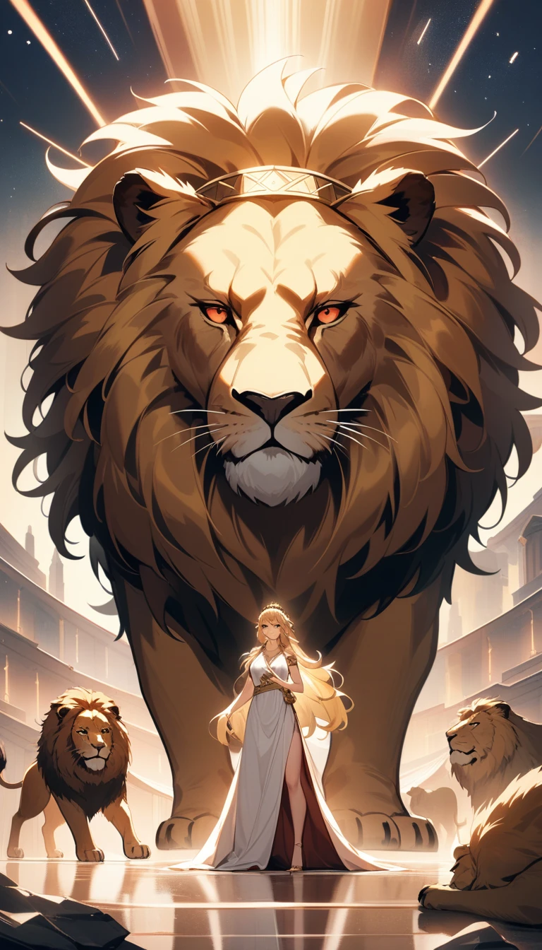 (Huang Li、high quality、Extremely detailed),Constellation - Goddess Leo,Giant lion,Woman petting a lion,Similar to Latin goodness,brave,capricious,Productivity,The face of enterprising and humanitarianism,Blonde hair,Ancient Greek costumes、Wrap Dress,The background is the universe,Crystal red eyes(Eyes Details),Powerful appearance